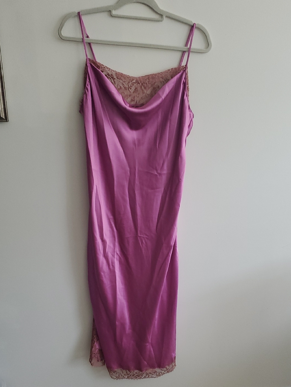Victoria's Secret Satin Slip Dress in Magenta Pink with  Taupe Lace Trim Sz XL